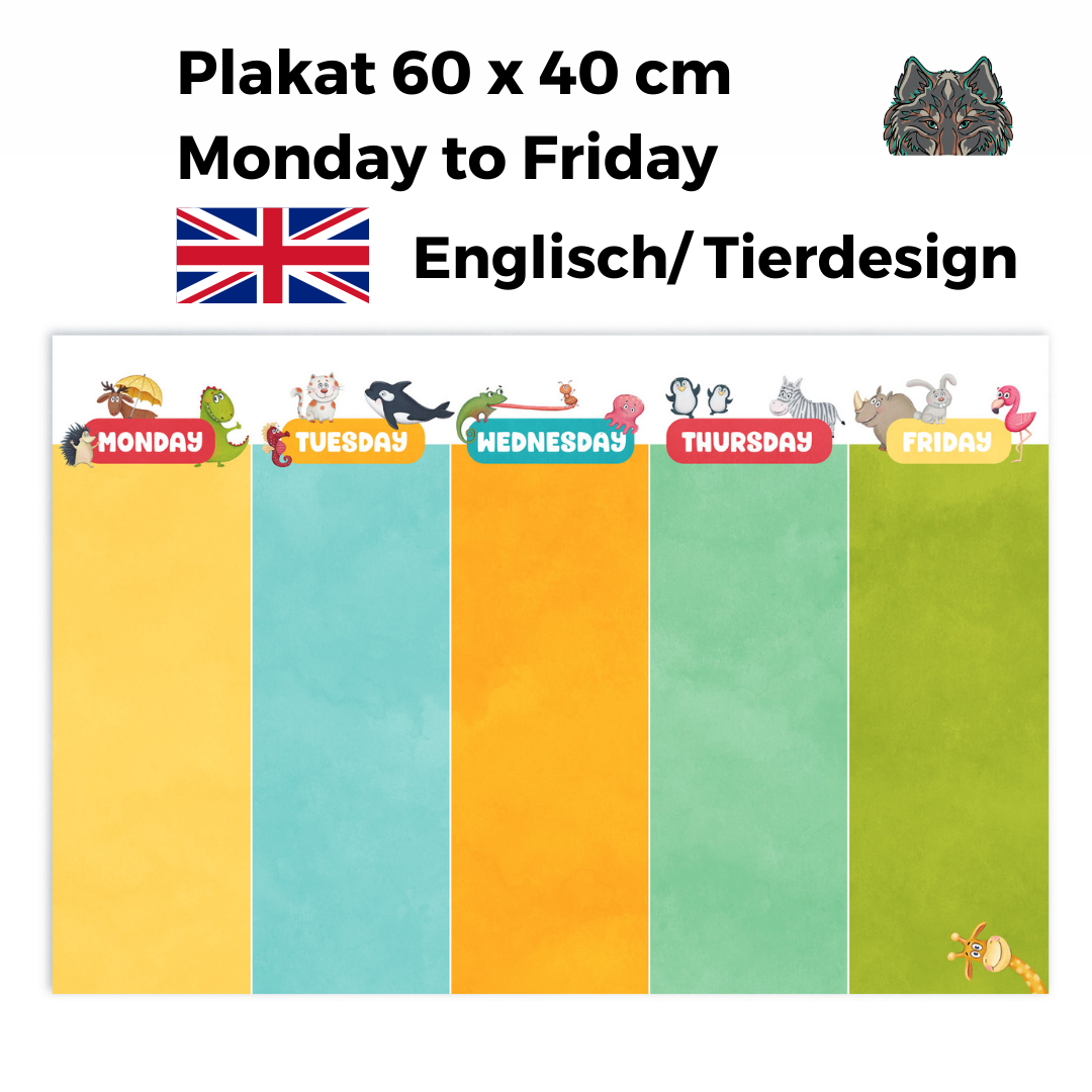 Poster für Whiteboardtafel 60 x 40 cm Montag bis Freitag in Englisch